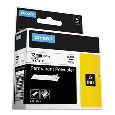 Rhino Permanent Poly Industrial Label Tape, 0.5" x 18 ft, White/Black Print