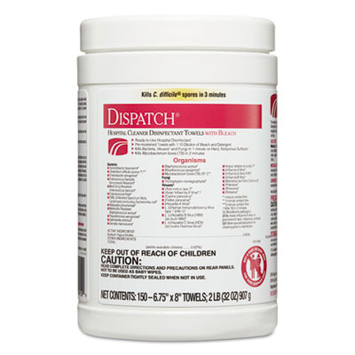 Dispatch Cleaner Disinfectant Towels, 1-Ply, 6.75 x 8, Unscented, White, 150/Canister