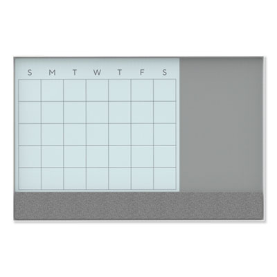 3N1 Magnetic Glass Dry Erase Combo Board, 35 x 23, Month View, Gray/White Surface, White Aluminum Frame
