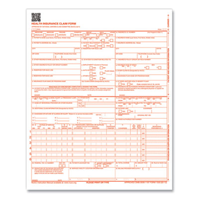 CMS-1500 Health Insurance Claim Form, One-Part (No Copies), 8.5 x 11, 1,000 Forms Total
