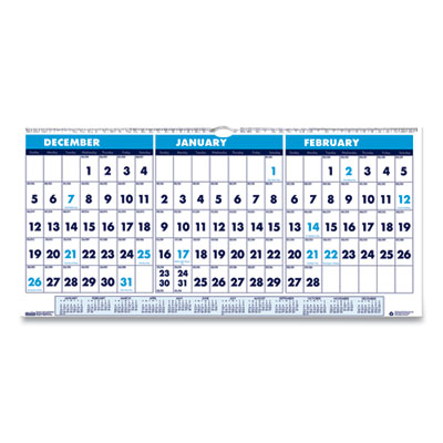 Recycled Three-Month Format Wall Calendar, Horizontal Orientation, 23.5 x 12, White Sheets, 14-Month (Dec-Jan): 2023-2025