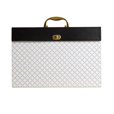 Expanding File Box, 5.25" Expansion, 19 Sections, Twist-Lock Latch Closure, 2/5-Cut Tabs, Letter Size, White/Black/Gold