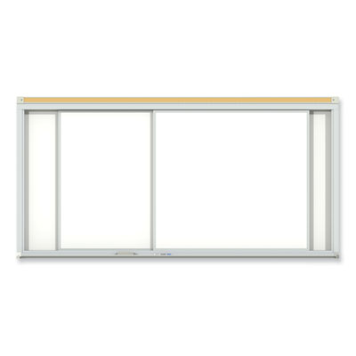 Horizontal Sliding Porcelain Magnetic Whiteboard, 144 x 48, White Surface, Satin Aluminum Frame, Ships in 7-10 Business Days