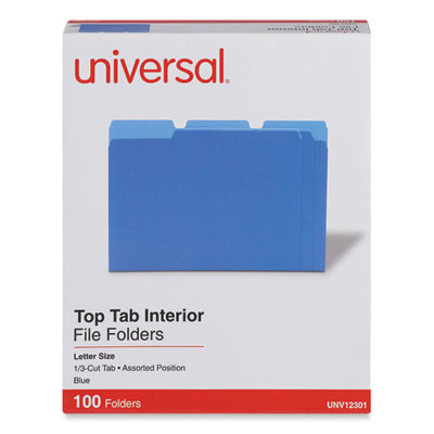 Interior File Folders, 1/3-Cut Tabs: Assorted, Letter Size, 11-pt Stock, Blue, 100/Box