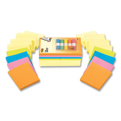 Notes and Flags Combo Pack, 3" x 3" Assorted Color Notes, 90 Sheets/Pad, 16 Pads/Pack plus Bonus Flags with Dispenser
