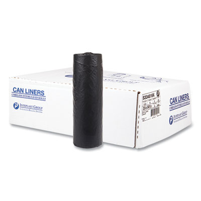 High-Density Interleaved Commercial Can Liners, 33 gal, 16 mic, 33" x 40", Black, 25 Bags/Roll, 10 Rolls/Carton