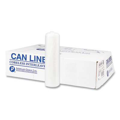 High-Density Interleaved Commercial Can Liners, 33 gal, 17 mic, 33" x 40", Clear, 25 Bags/Roll, 10 Rolls/Carton